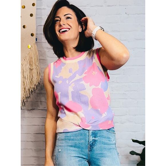 Fate Size Small Pink Purple Floral Knit Top Sleeveless Tank Blouse Twist Front - Picture 2 of 5